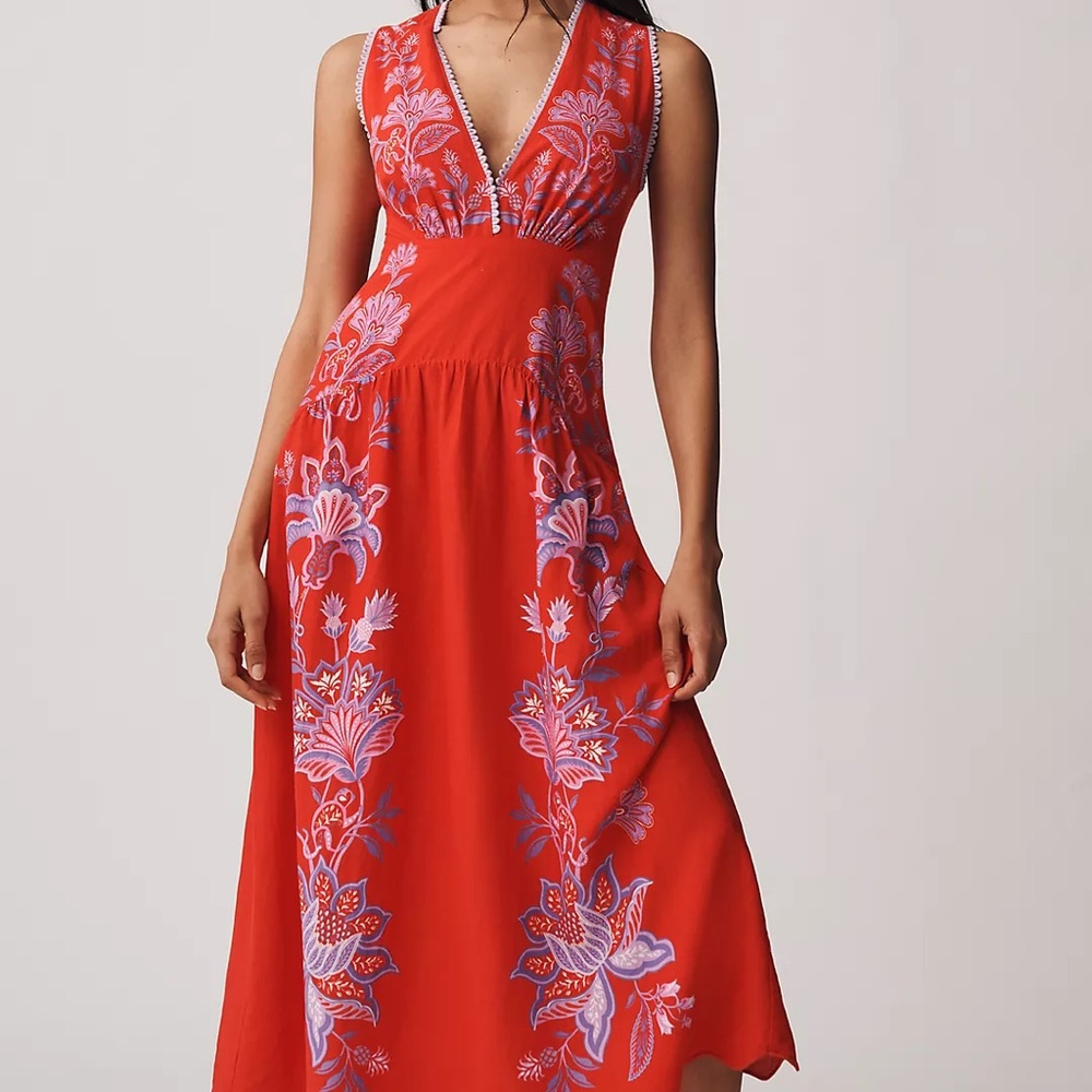 FARM Rio Red Porcelain Garden Euroflax™ Premium Linen Midi Dress